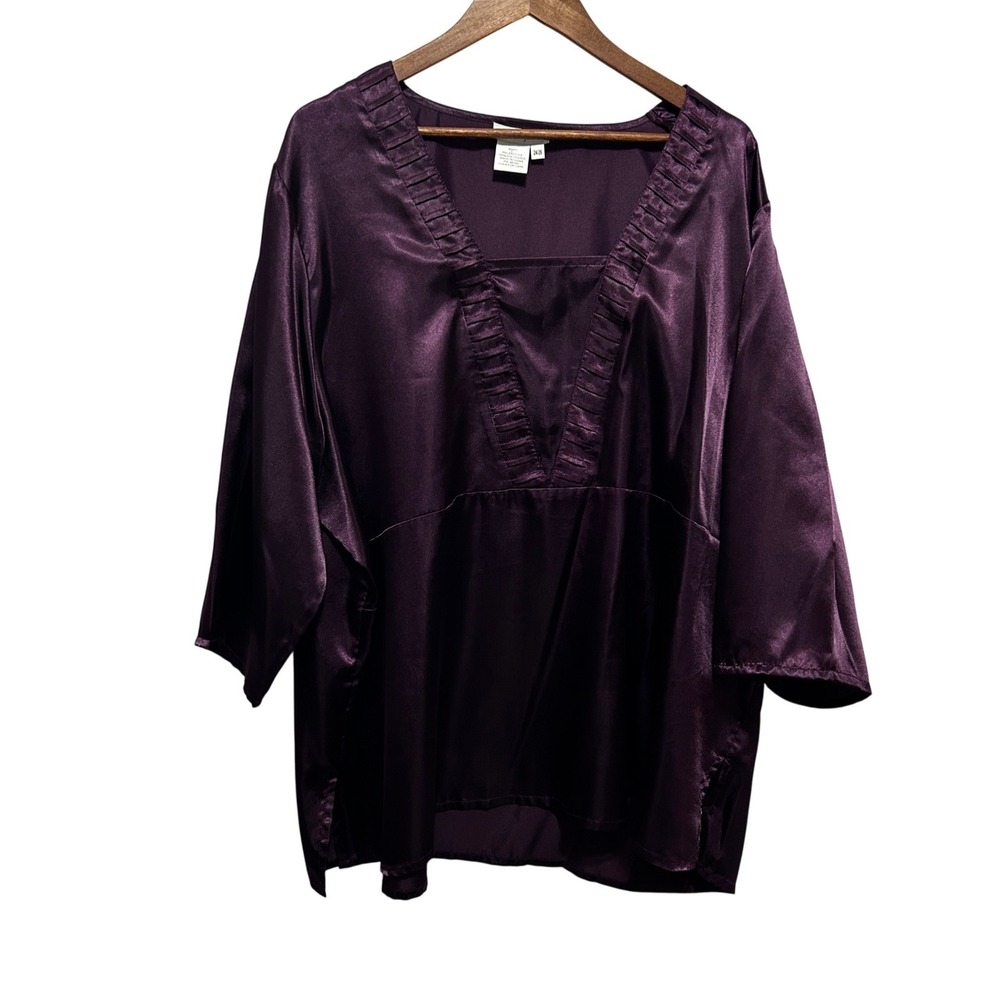 Ulla Popken Women Lagenlook Artsy Satin Tunic Top 24/26 Purple Pleated Boho